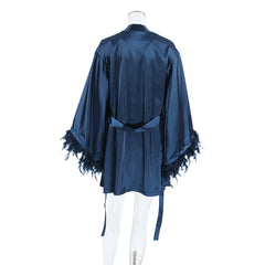 Satin Cami Top And Shorts With Fur Trim Rode Nightgown Three-piece Set