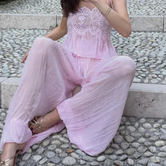 Lace Embroidered Square Neck Sheer Crop Top And Wide Pants Set