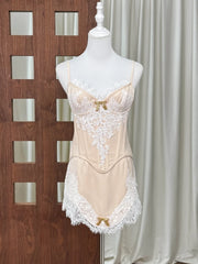 Satin Lace Patchwork V-Neck Top And Mini Skirt Set