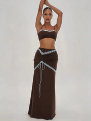 Brown Lace Patchwork Crop Top And Ruched Drawstring Maxi Skirt Set