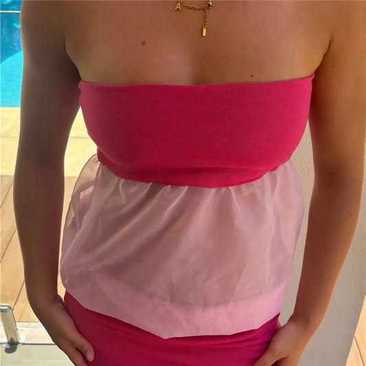 Two Tone Sheer Puff Hem Tube Top