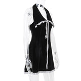 Black Velvet  Large Collar Halter Mini Dress