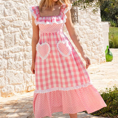 Pink Plaid Patchwork Ruffle Maxi Dress