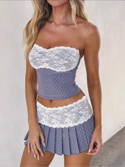 Blue Polka Dot Lace Crop Top And Mini Skirt Set