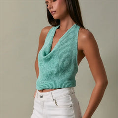 Knit Cowl Neck Backless Tie Up Top
