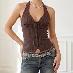 Brown Pinstripe Button-Front V-Neck Vest Top
