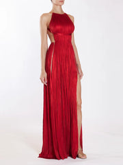 Red Pleated Halter Maxi Dress