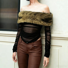 Black Ruched Off Shoulder Fur Trim Top