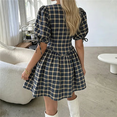 Plaid Round Neck Puff Sleeve Bow Tie Cuffs Mini Dress