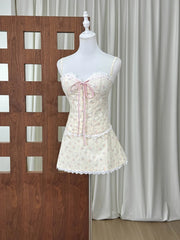 Spaghetti Strap Lace-up Crop Top And Mini Floral Bow Skirt Set
