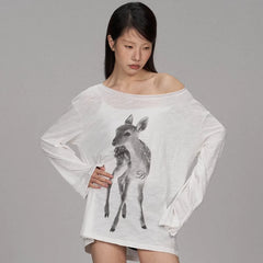 White Long Sleeve Fawm Print Top