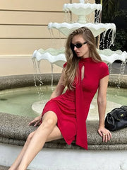 Red High Neck Keyhole Front Button Mini Dress