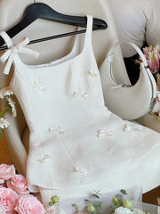 White Square Collar Sleeveless Bowknot Top And High Waist Skirt Set