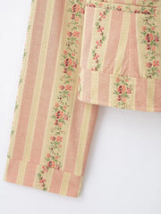 Floral Striped Jacquard  Diagonal Button Stand Collar Jacket