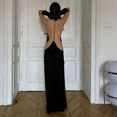 Striped Sheer Maxi Dress – Black Open Back Style