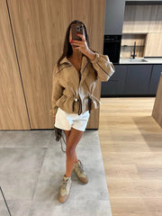 High Neck Snap Button Drawstring Crop Jacket