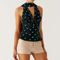 Polka Dot Print Cowl Tank Top with Scarf