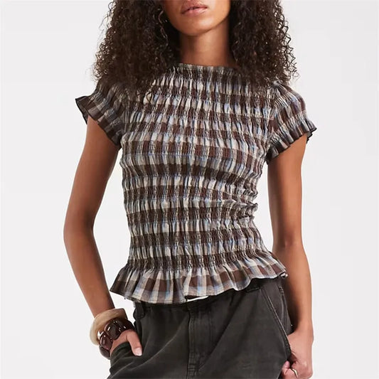 Round Neck Gingham Smocked Short Sleeve Top