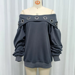 Grey Off-Shoulder Metal Eyelet Hooded Sweatshirt