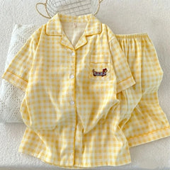 Yellow Embroidery Plaid Dachshund Pajama Set