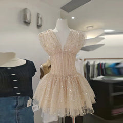 Sequin Tulle V-neck Mini Dress