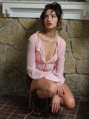 Pink Ruched Drawstring Long Sleeve Top