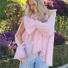 Mock Neck Back Tie Cut Out Split Flare Long Sleeve Blouse