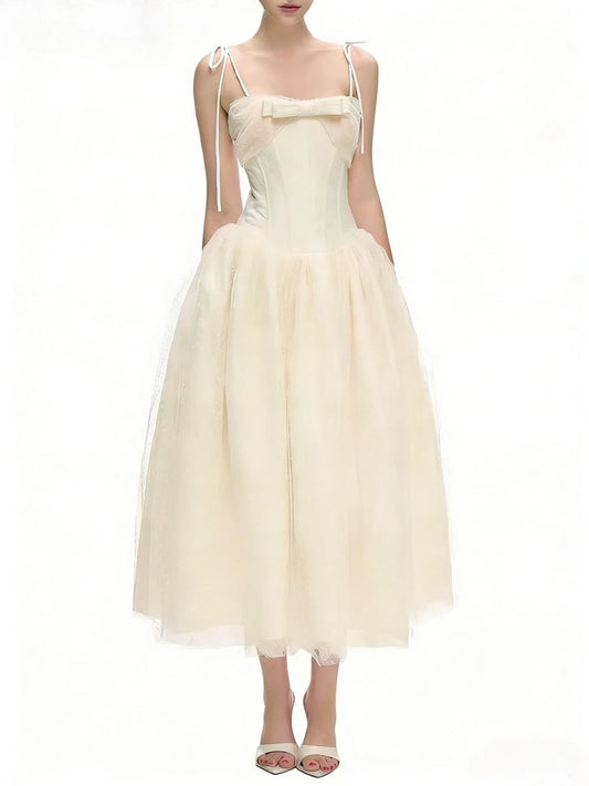 Square Neck Sleeveless Tie Up Strap Bow Mesh Midi Dress