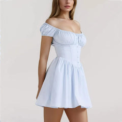 Ruched Corset Puff Sleeve Elastic Square Collar Mini Dress