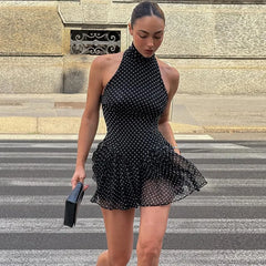 Black Polka Dot Chiffon Print High Neck Mini Dress