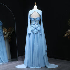 Cape Sleeve Chiffon Tiered Petals Sequined Pearl Embellished Gown