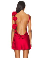 Satin Open Back Strap Flower Draped Mini Dress