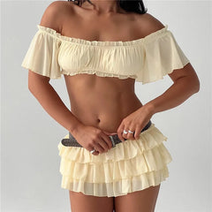 Ruffled Off-the-Shoulder Crop Top and Tiered Mini Skirt Set