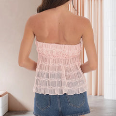 Pink Drawstring Mesh Babydoll Crop Top