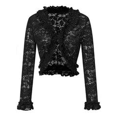 Lace Ruffle Trim Sheer Long Sleeve Crop Top
