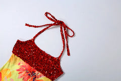 Yellow Floral Print Red Sequin Patchwork Mini Dress