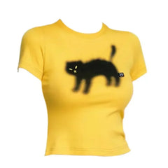 Black Cat Printed Yellow Graphic Top