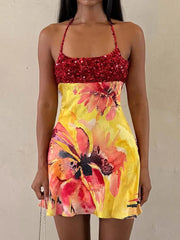 Yellow Floral Print Red Sequin Patchwork Mini Dress