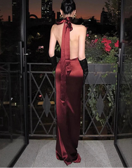 Burgundy Satin Sequin Plunge V-neck Drape Maxi Dress