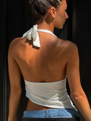 White Solid Halter Asymmetric Crop Top