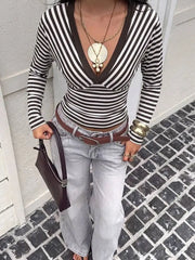 Brown Striped V-Neck Long Sleeve T-Shirt