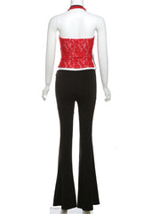 Red Lace Sheer Halter Crop Top And Flare Pants Set