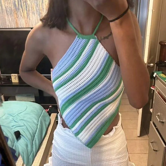 Striped Crochet Open Back Tie Up Top