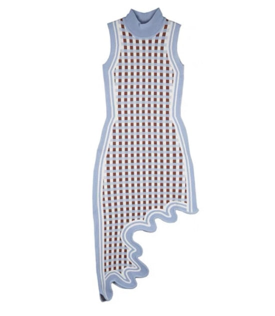 Asymmetrical Wavy Hem Round Collar Knit Midi Dress
