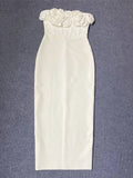 Strapless 3D Splice Flower Fishbone White Ankle Length Dress