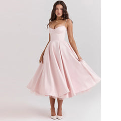 Satin Tulle Flare Strap Cupped Midi Dress