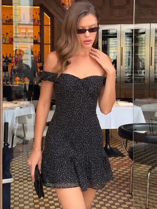 Black Polka Dot Slash Neck Mini Dress