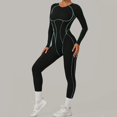 Black bodysuit with blue accents worn by a person- side view