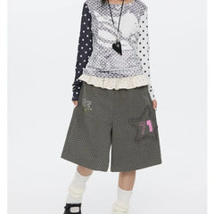 Grey Polka Dot Ruffles Patchwork Capri Pants