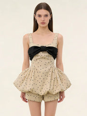 Polka Dot Bow Embellished Bubble Hem Mini Dress With Shorts